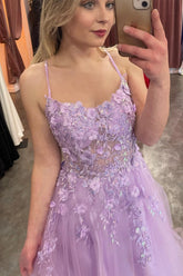 Lilac Appliques Straps A-line Long Prom Dress DR16297